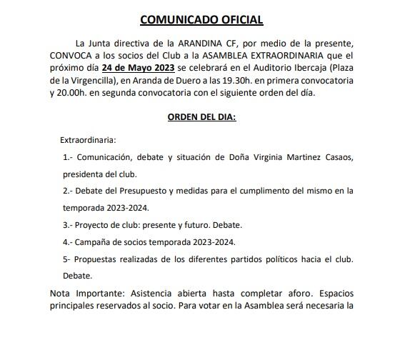 Puntos en el orden del día de la convocatoria de Asamblea Extraordinaria de la Arandina