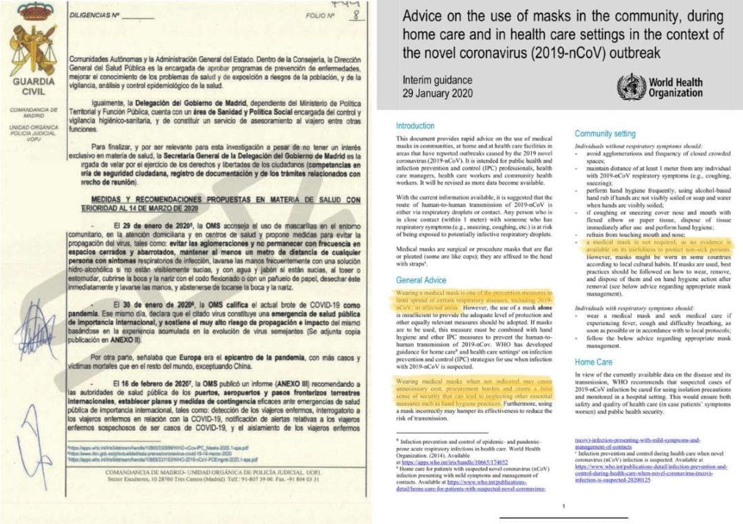 Informe de la Guardia Civil, a la izquierda y el documento de la OMS, a la derecha. 