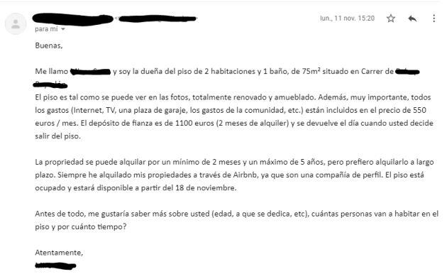 Correo electrónico de estafa en alquiler de pisos