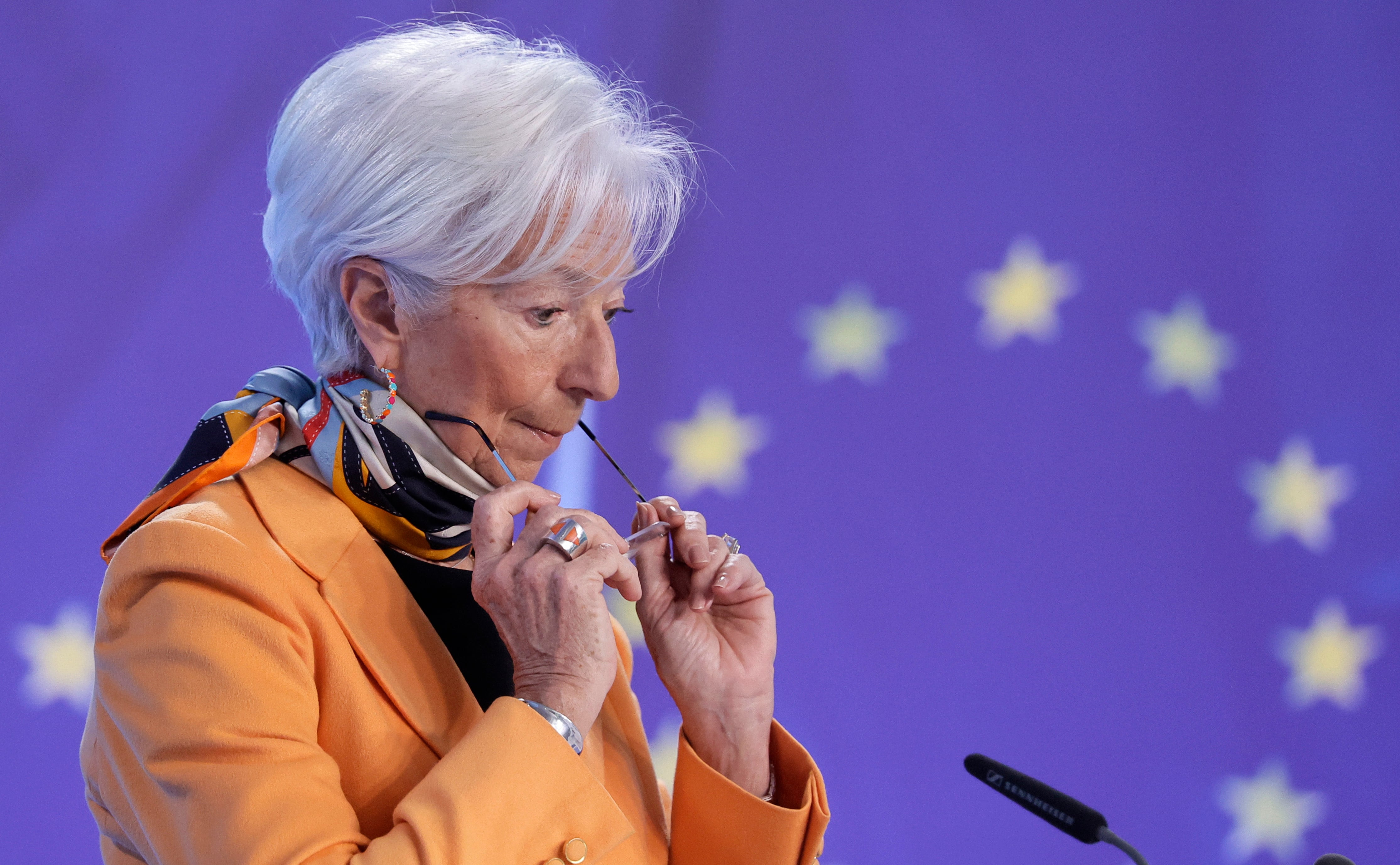 La presidenta del Banco Central Europeo (BCE), Christine Lagarde, durante la rueda de prensa posterior al consejo de gobierno del pasado mes de marzo (Alemania) EFE/EPA/RONALD WITTEK