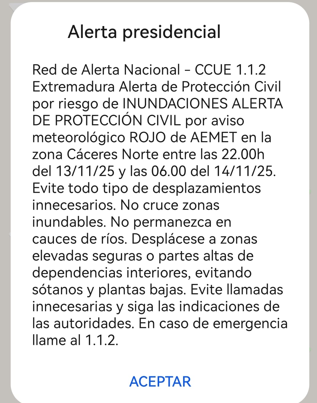 El SMS Alert llegó a los móviles del Norte de Extremadura en torno a las 23.30 horas de la noche de ayer.