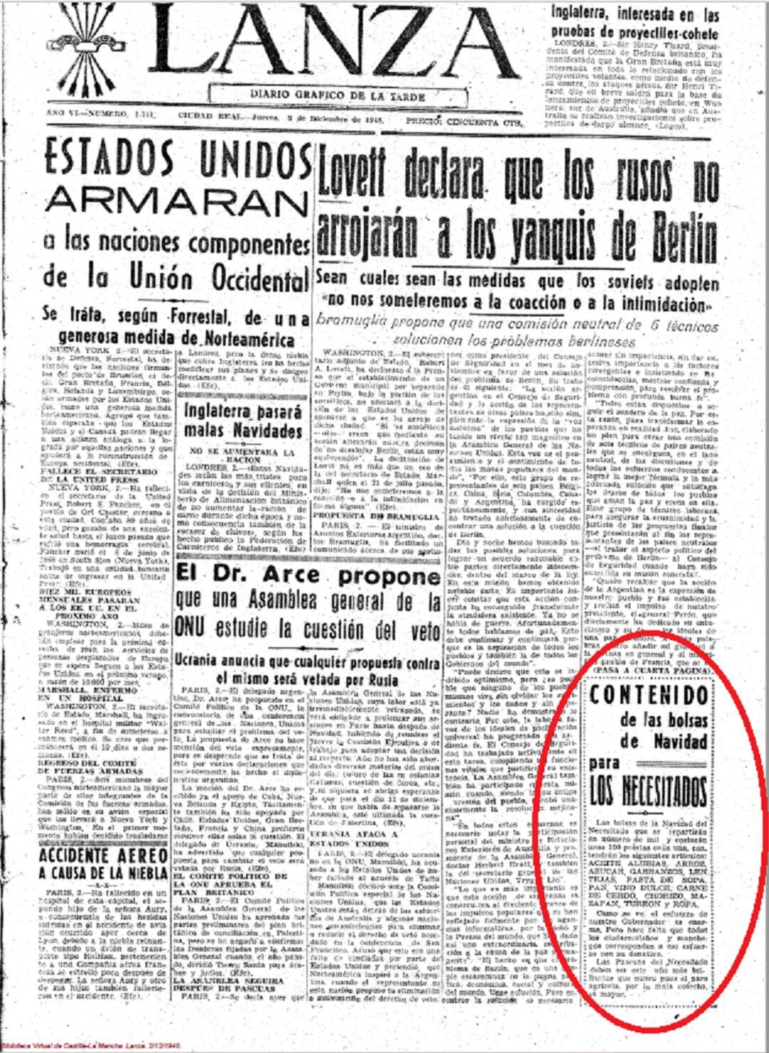 El diario Lanza informaba el 2 de diciembre de 1948 del contenido de las bolsas de Navidad