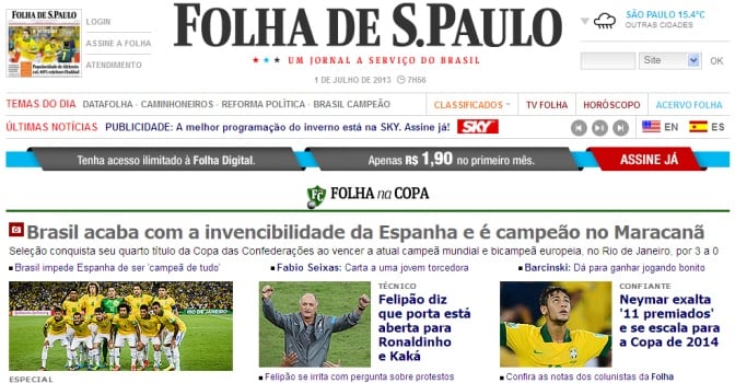 Portada del diario brasileño &#039;Folha de S.Paulo&#039;