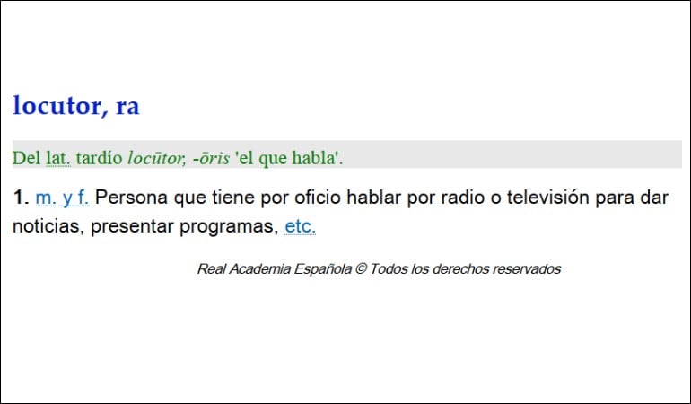 Definición de &#039;locutor&#039; en el Diccionario de la RAE, actualizada por la Academia.