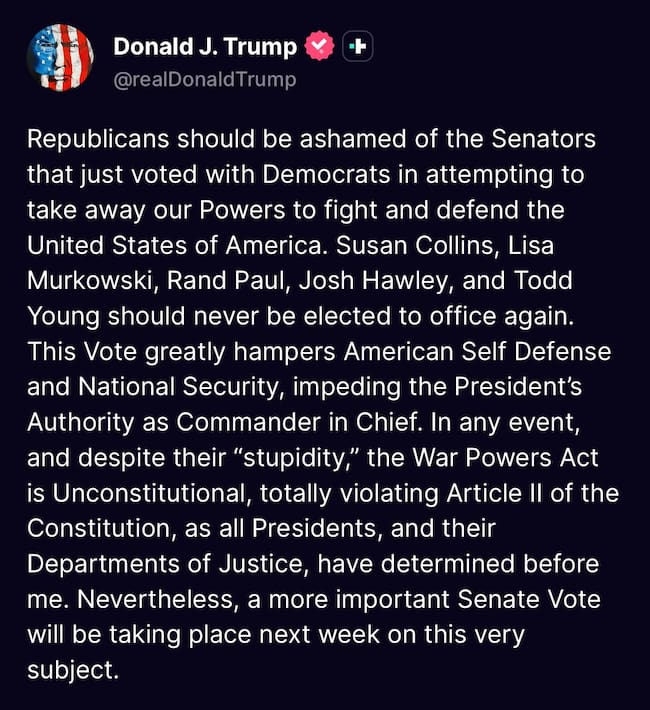 Truth de Trump sobre una votación en el Senado de Estados Unidos