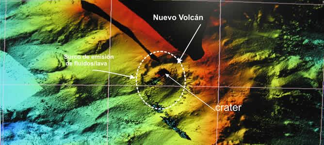 Modelo digital del terreno de una vista general del Rift Sur de El Hierro. Desde el cráter y en dirección SW se aprecia la fisura en la cual se ha detectado actividad efusiva. El volcán se sitúa en el flanco oeste del Rift Sur de El Hierro