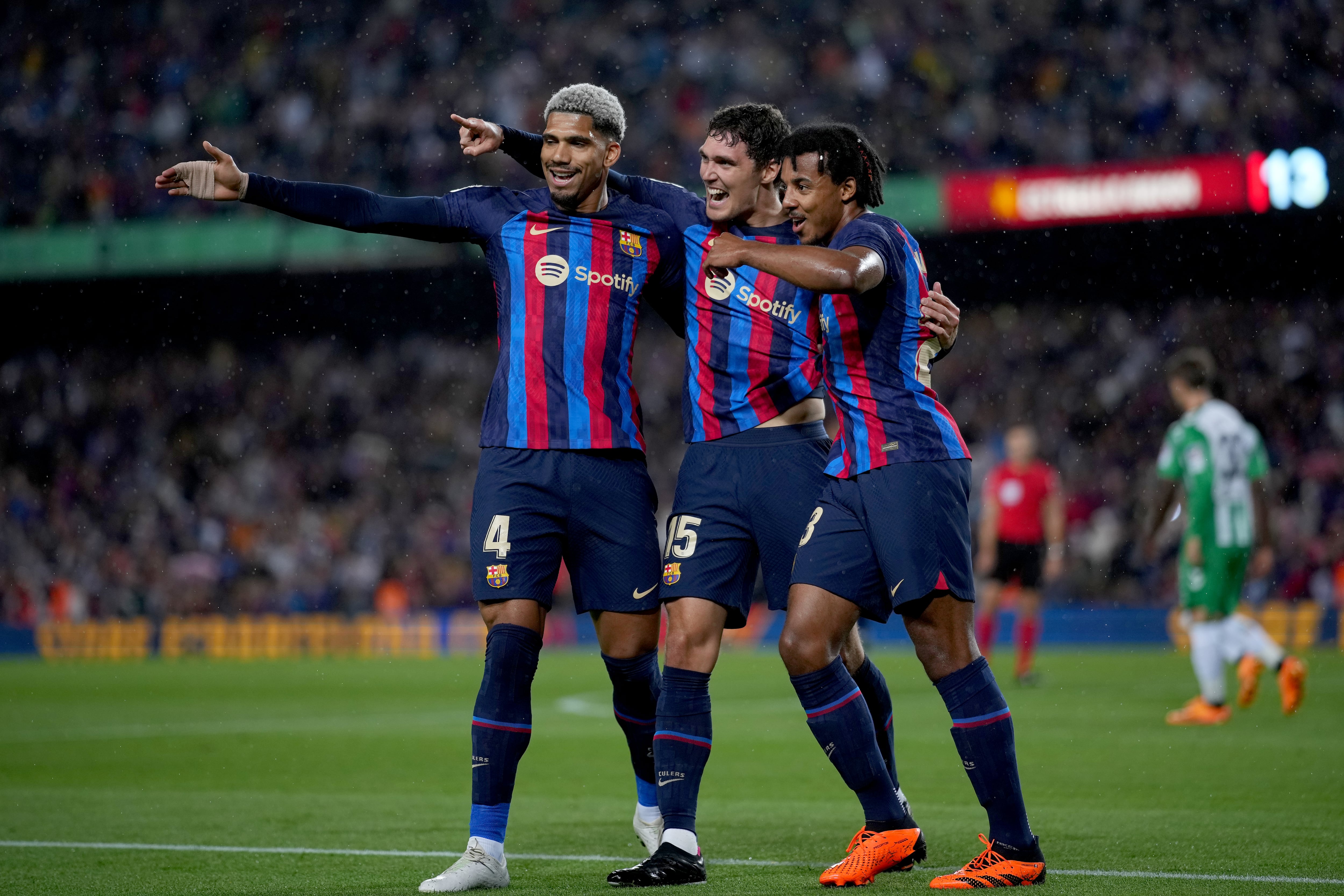 BARCELONA, SPAIN - APRIL 29: Andreas Christensen of FC Barcelona celebrates with teammates Ronald Araujo and Jules Kounde of FC Barcelona after scoring the team&#039;s first goal during the LaLiga Santander match between FC Barcelona and Real Betis at Spotify Camp Nou on April 29, 2023 in Barcelona, Spain. (Photo by Alex Caparros/Getty Images)