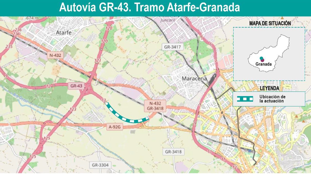 Mapa del tramo a ejecutar entre Atarfe y Granada de la Autovía GR-43