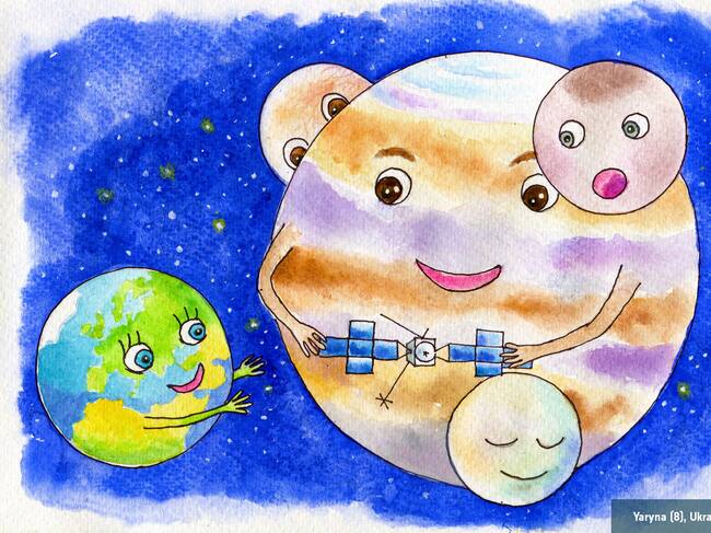 La misión Juice dibujada por Yaryna, una niña ucraniana de ocho años que ganó en 2021 un concurso de la Agencia Espacial Europea y que luce el cohete Arianne 5 en el que despegará la sonda.
