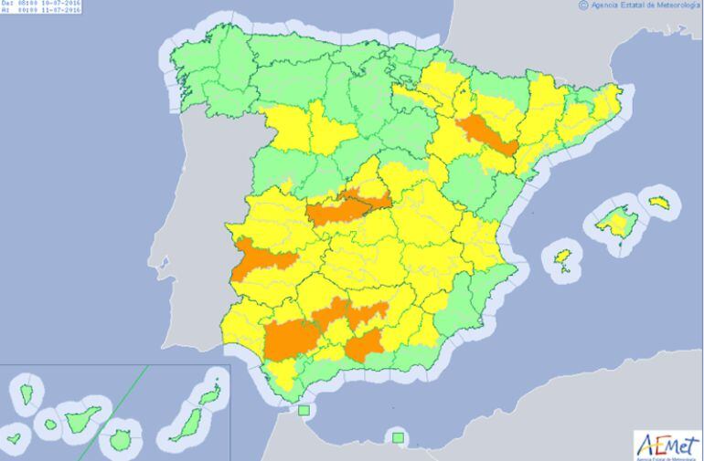 Mapa de avisos de la AEMET para hoy