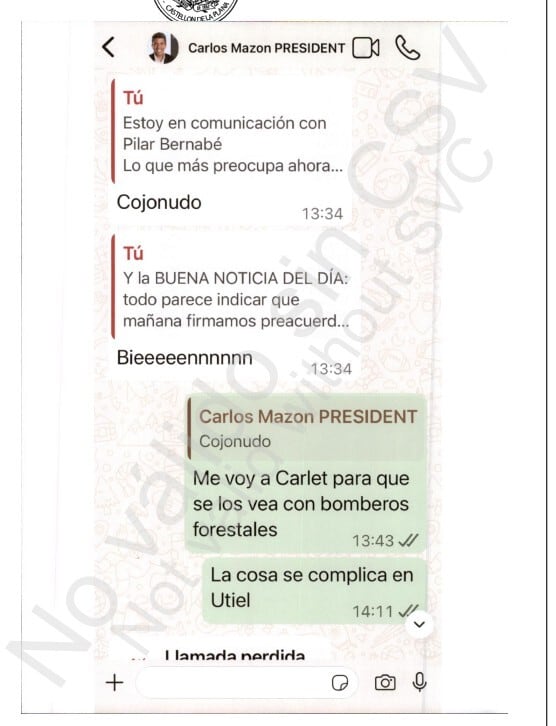 Los WhatsApp entre Salomé Pradas, Carlos Mazón y su jefe de Gabinete en lo peor de la DANA