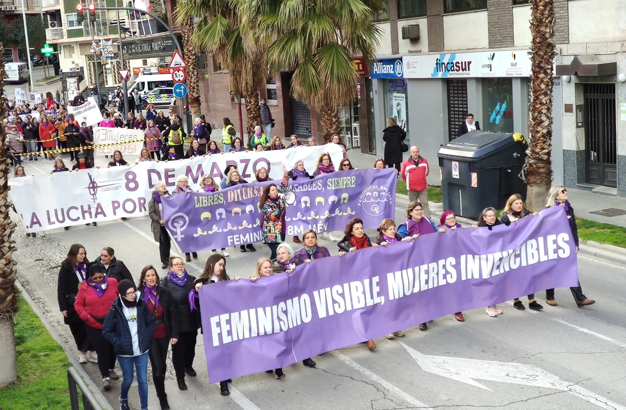 Transcurso de la manifestación del 8M en Jaén por la calle Baeza