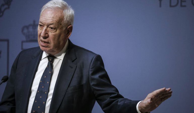 GRA378. MADRID, 29/10/2015.- El ministro de Asuntos Exteriores, José Manuel García-Margallo, durante la rueda de prensa conjunta con el secretario general de Naciones Unidas, Ban Ki-Moon, tras la reunión que han mantenido hoy en Madrid. EFE/Emilio Naranjo