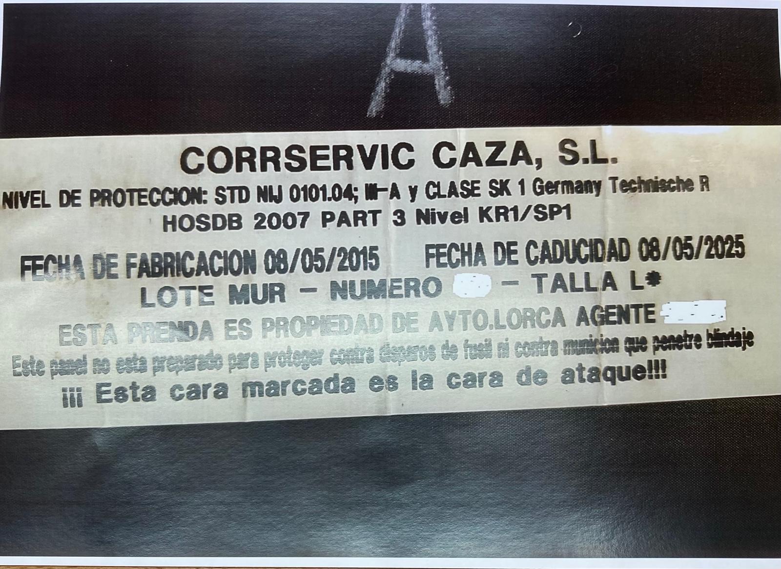 Etiqueta de los chalecos de la Policía Local de Lorca