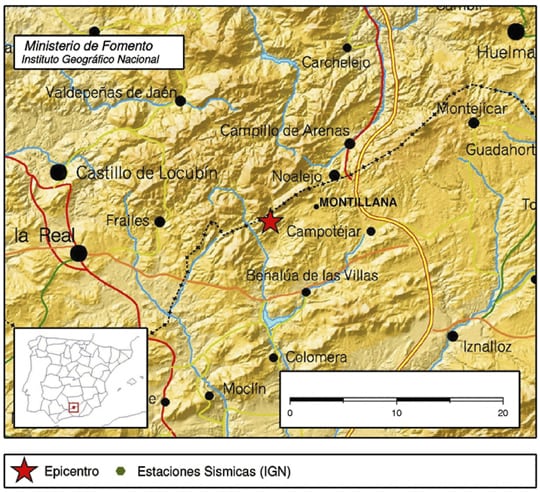 Imagen facilitada por el Instituto Geográfico Nacional del lugar en el que un terremoto de 3,8 grados de magnitud en la escala Richter se ha producido esta noche en el límite entre las provincias de Granada y Jaén