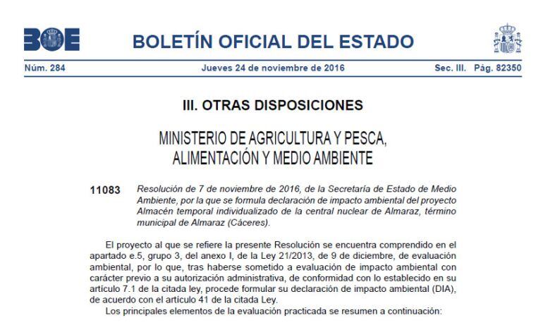 Declaración de Impacto Ambiental del ATI de Almaraz publicada en el BOE