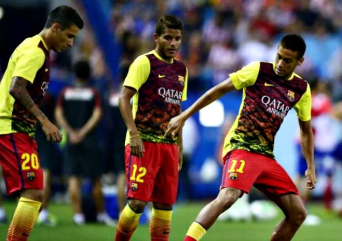 Dos Samtos en un entrenamientos con el Barça junto a Neymar y Tello.