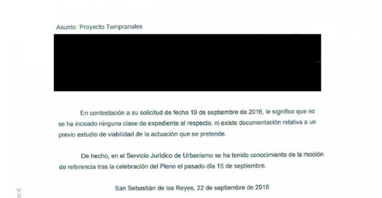Documento oficial del ayuntamiento en la que se indica que no hay expediente ni documentación sobre el proyecto de Tempranales