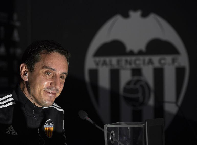 VALENCIA, SPAIN - FEBRUARY 12:  Gary Neville manager of Valencia CF faces the media during a press conference ahead La Liga match between Valencia CF and RCD Espanyol at Paterna Training Centre  on February 12, 2016 in Valencia, Spain.  (Photo by Manuel Q