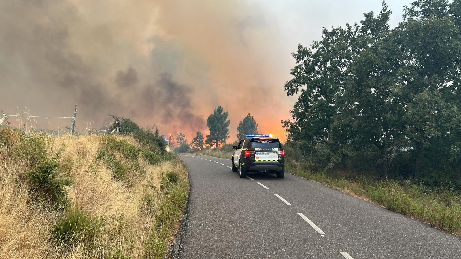Vista del incendio forestal que ha obligado este lunes a desalojar la población de Puercas (Zamora) . EFE/ Guardia Civil