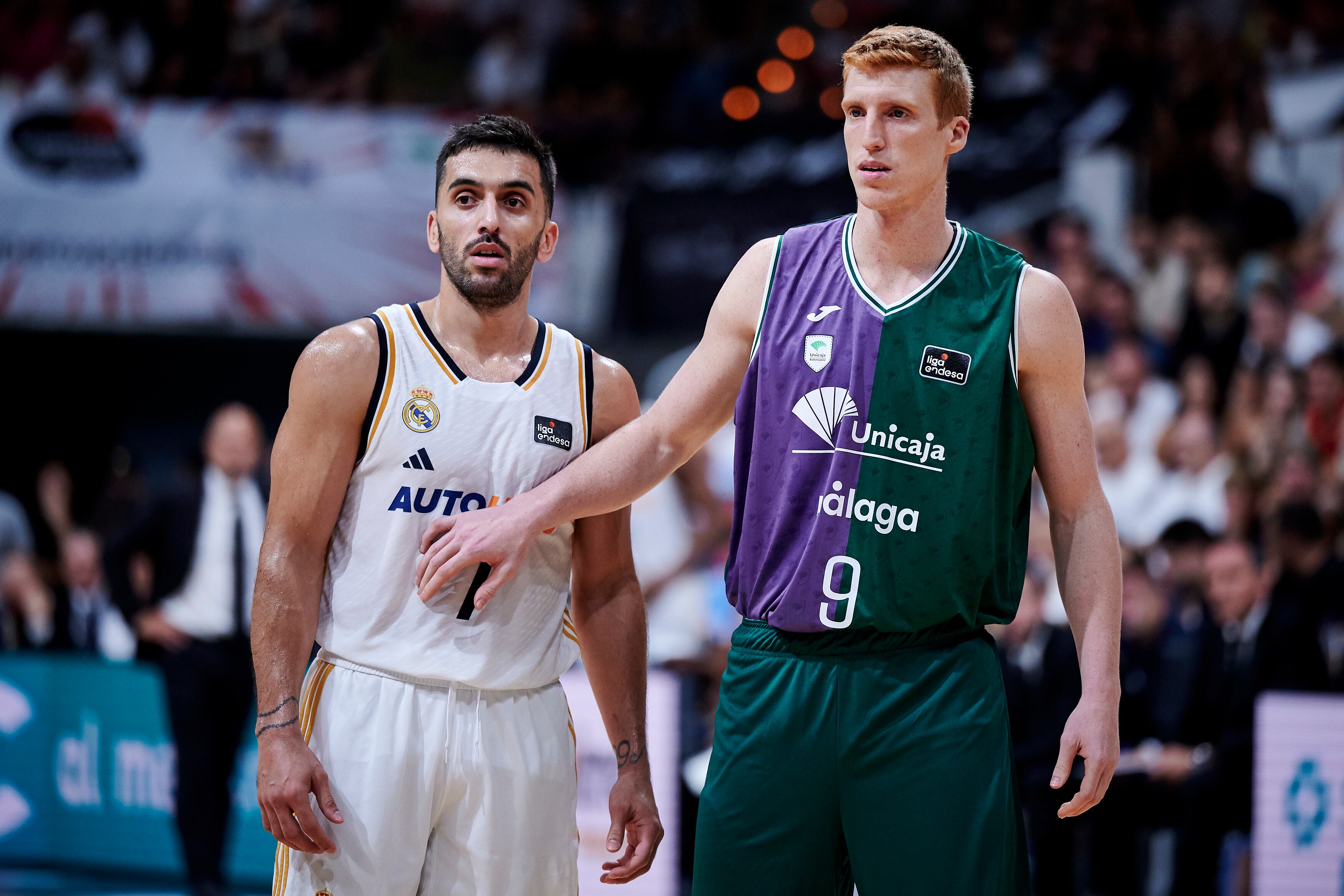 MURCIA, SPAIN - SEPTEMBER 17: #07 Facu Campazzo of Real Madrid and #09 Alberto Diaz of Unicaja Malaga during Finals of Supercopa of Liga Endesa match between Real Madrid and Unicaja Malaga at Palacio de los Deportes de Murcia on September 17, 2023 in Murcia, Spain. (Photo by Borja B. Hojas/Getty Images)