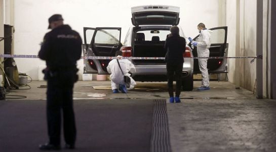 La policía científica registra el vehículo en el que la viuda del expresidente de la extinta Caja de Ahorros del Mediterráneo (CAM), Vicente Sala, ha sido hallada hoy muerta por un disparo en la cabeza en el interior del coche de alta gama en el transcurs