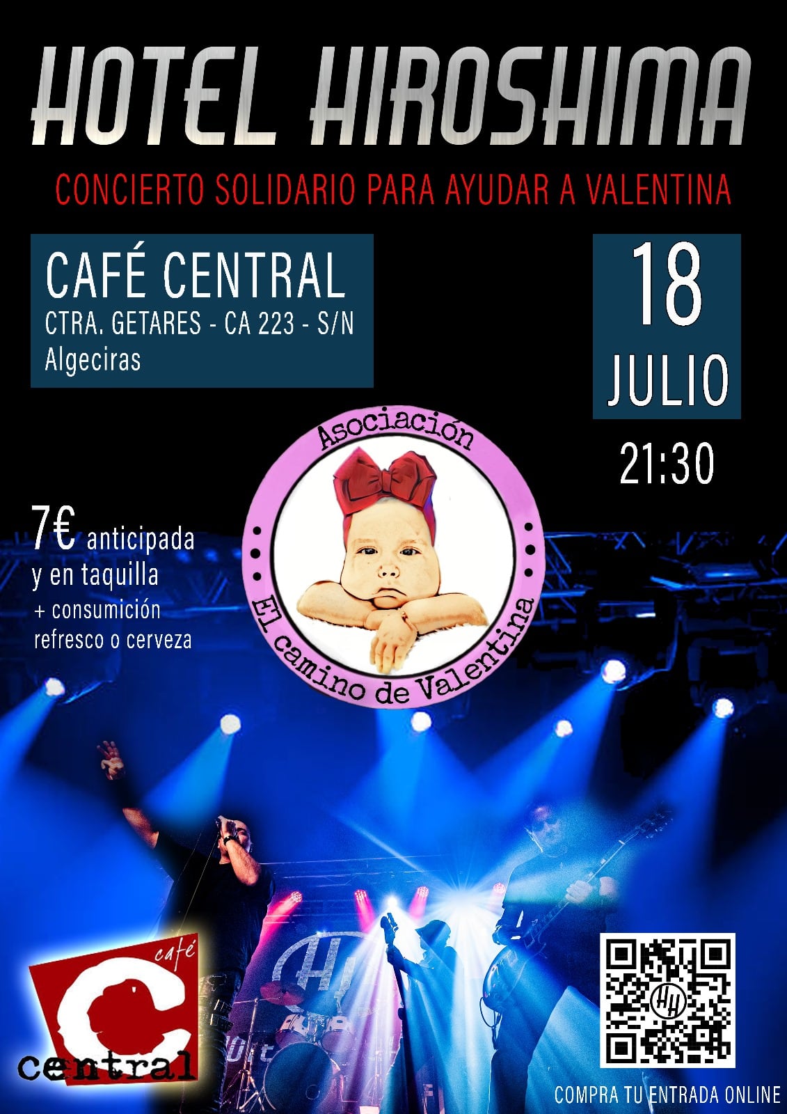 Cartel anunciador del concierto solidario por Valentina. El jueves 18 a las 21:30 horas en el Café Central de Algeciras.