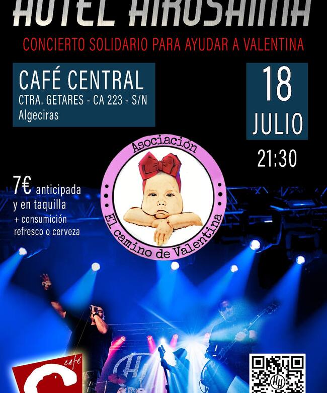 Cartel anunciador del concierto solidario por Valentina. El jueves 18 a las 21:30 horas en el Café Central de Algeciras.