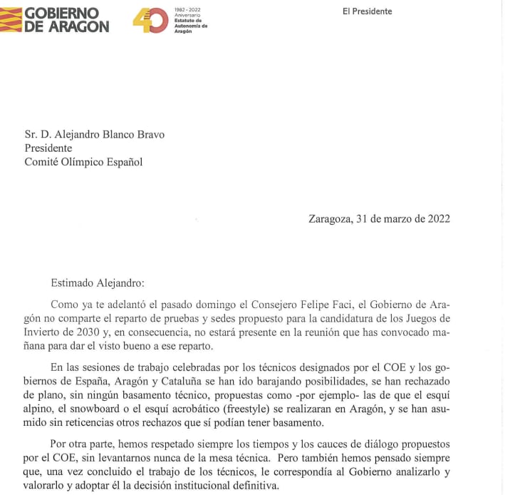 Extracto de la carta que ha enviado el presidente aragonés Javier Lambán al presidente del COE, Alejandro Blanco