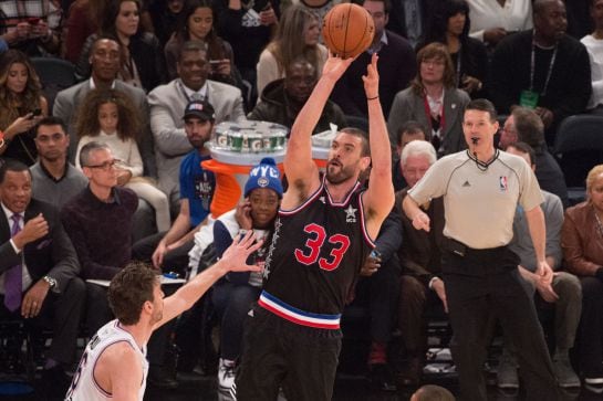 February 15, 2015; New York, NY, USA; Western Conference center Marc Gasol of the Memphis Grizzlies (33) shoots the basketball against Eastern Conference forward Pau Gasol of the Chicago Bulls (16) during the 2015 NBA All-Star Game at Madison Square Garde