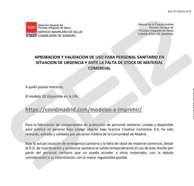 Autorización de la Consejería de Sanidad para la utilización de las protecciones impresas en 3D