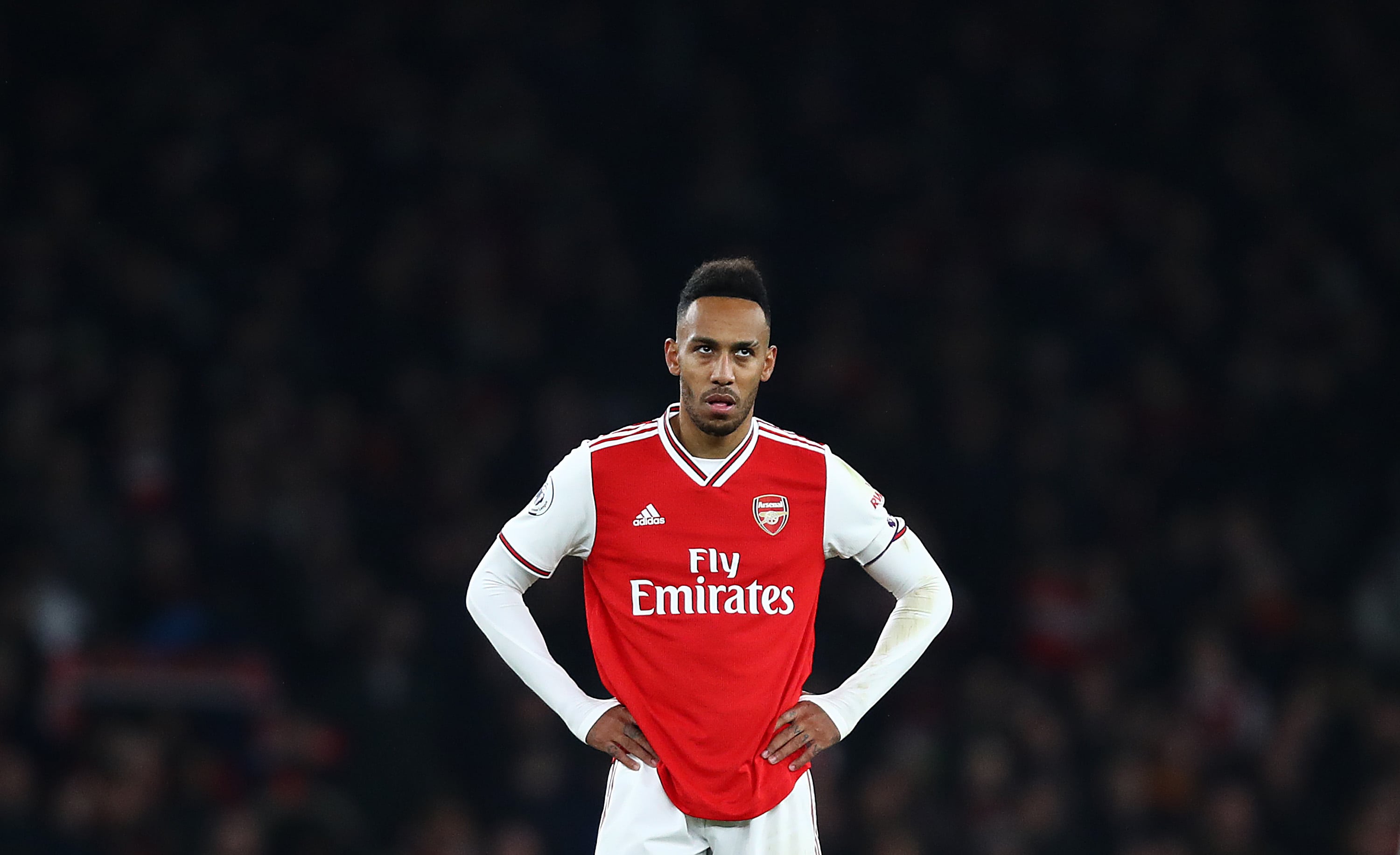 LONDON, ENGLAND - NOVEMBER 23:  Pierre-Emerick Aubameyang of Arsenal looks on during the Premier League match between Arsenal FC and Southampton FC at Emirates Stadium on November 23, 2019 in London, United Kingdom. (Photo by Julian Finney/Getty Images)