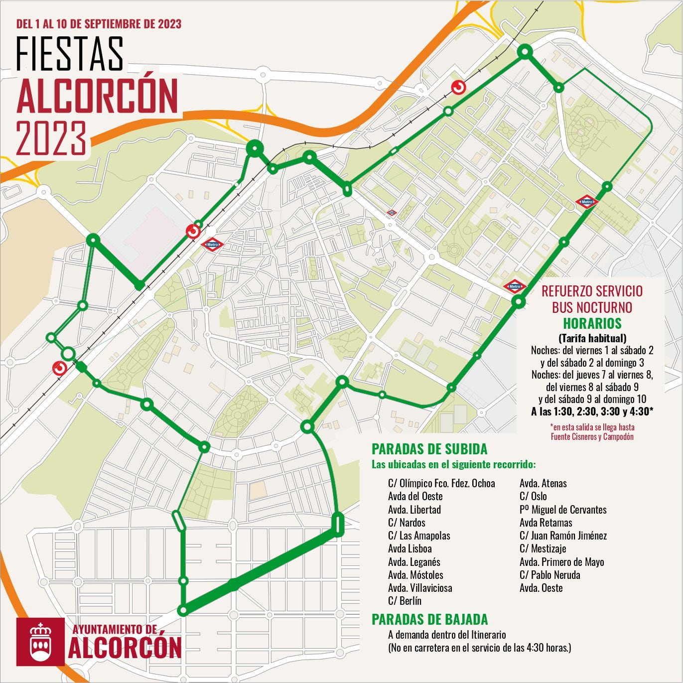 Recorrido autobús con paradas bajo demanda para las Fiestas de Alcorcón de 2023.