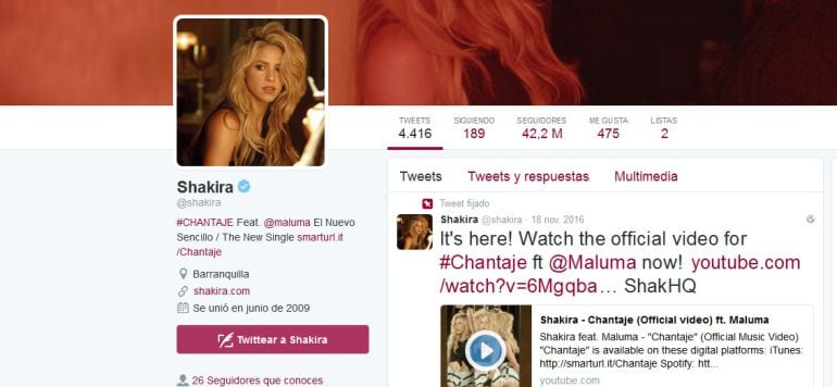 Imagen del perfil de Twitter de Shakira (2017).