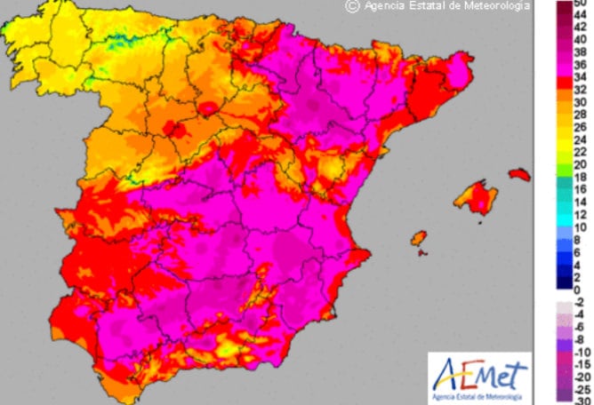 De cara al fin de semana, se espera un descenso notable de las temperaturas en el cantábrico oriental y área del alto Ebro con chubascos débiles o localmente moderados, que podrían ir acompañadas de tormenta en Pirineos.