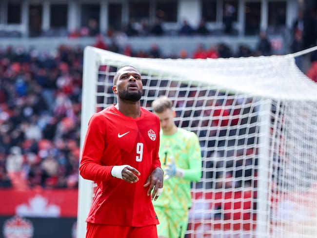 Team Canada striker Cyle Larin #9 looks at the sky after failing to score a goal during an international friendly match between Canada and Iceland at BMO Field in Toronto, Ontario, Canada, on March 28, 2026. (Photo by Indrawan Kumala/NurPhoto via Getty Images)