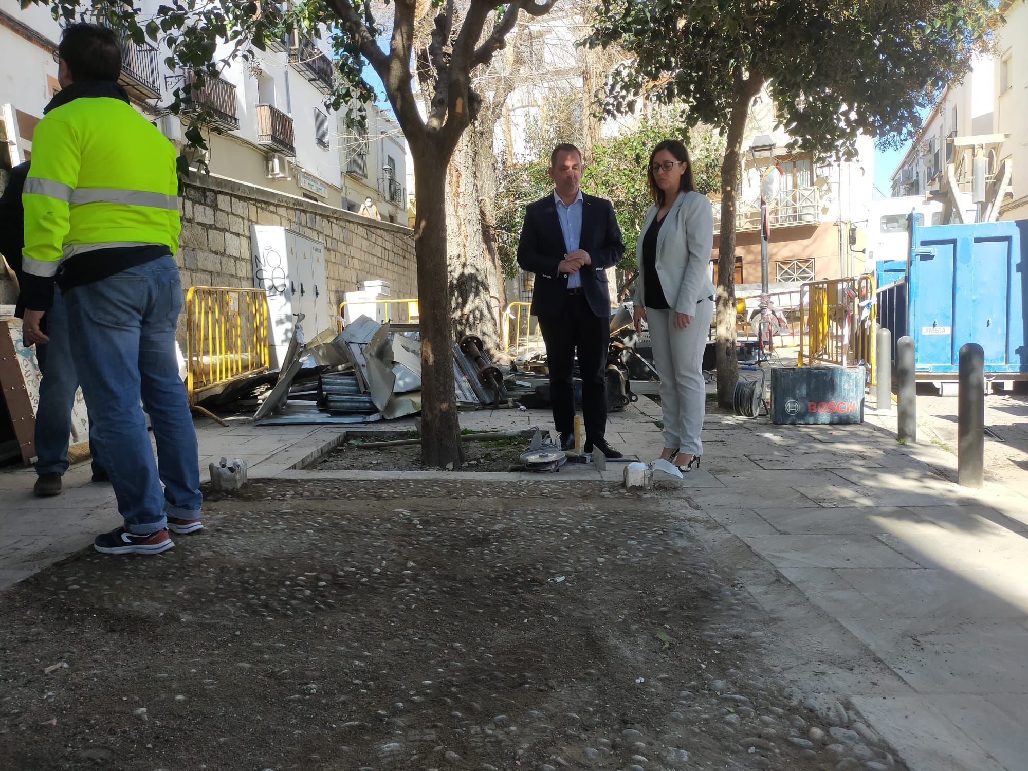 Los concejales observan el enchinado granadino que ha quedado al descubierto.