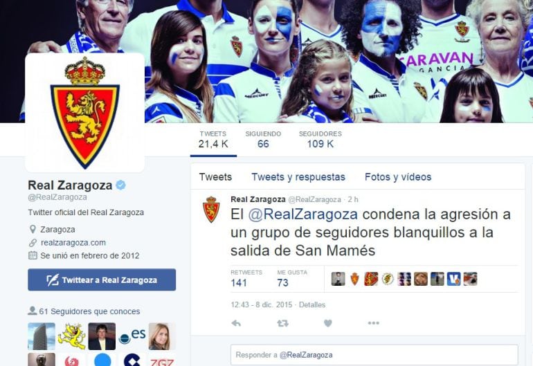 Mensaje de condena publicado por el Real Zaragoza en la red social Twitter