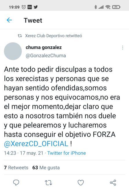 Disculpas de Chuma en su cuenta de Twitter