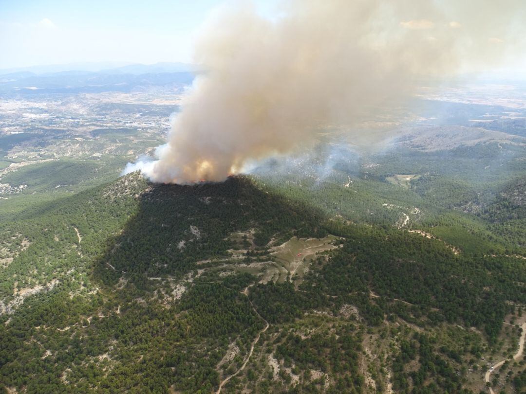 Efectivos del plan Infomur trabajan para sofocar un incendio forestal en Cerro Gordo en Caravaca