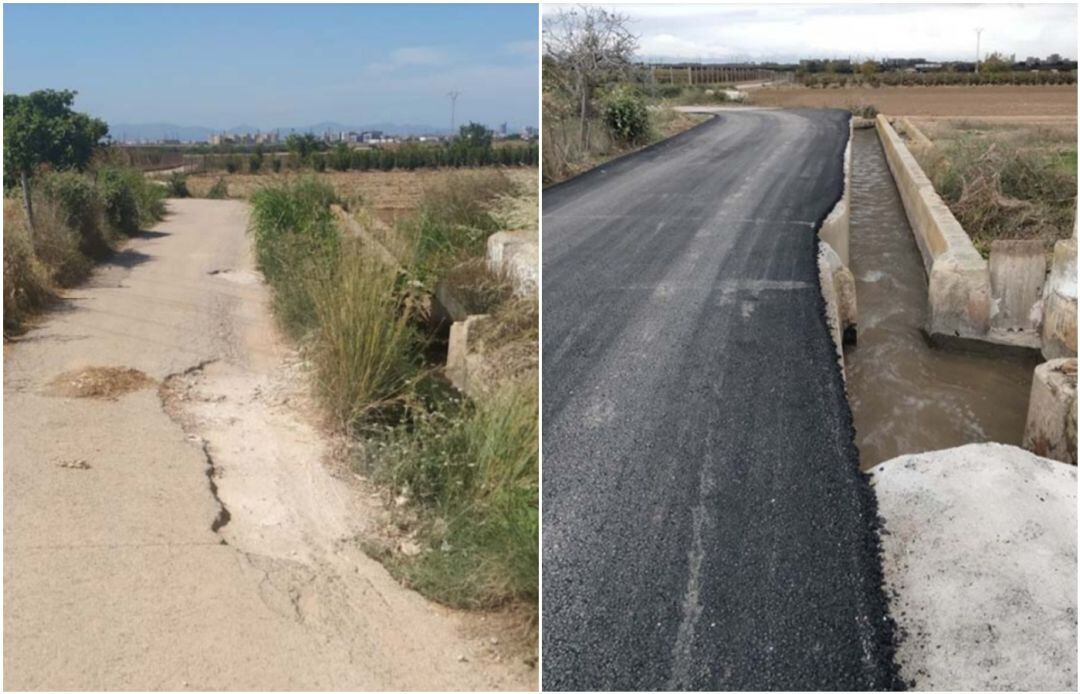 Antes y después de los trabajos de adecuación de caminos rurales que se ha llevado a cabo en Campanar y Castellar-l’Oliveral