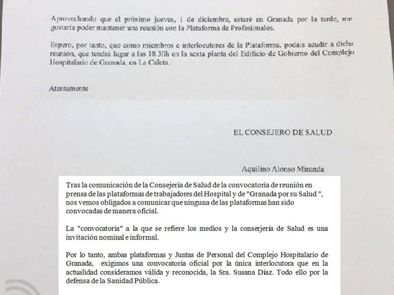 Invitación a la reunión del consejero de Salud y respuesta de las plataformas críticas y las juntas de personal