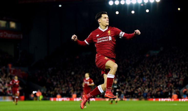 Coutinho celebra su último gol con el Liverpool 