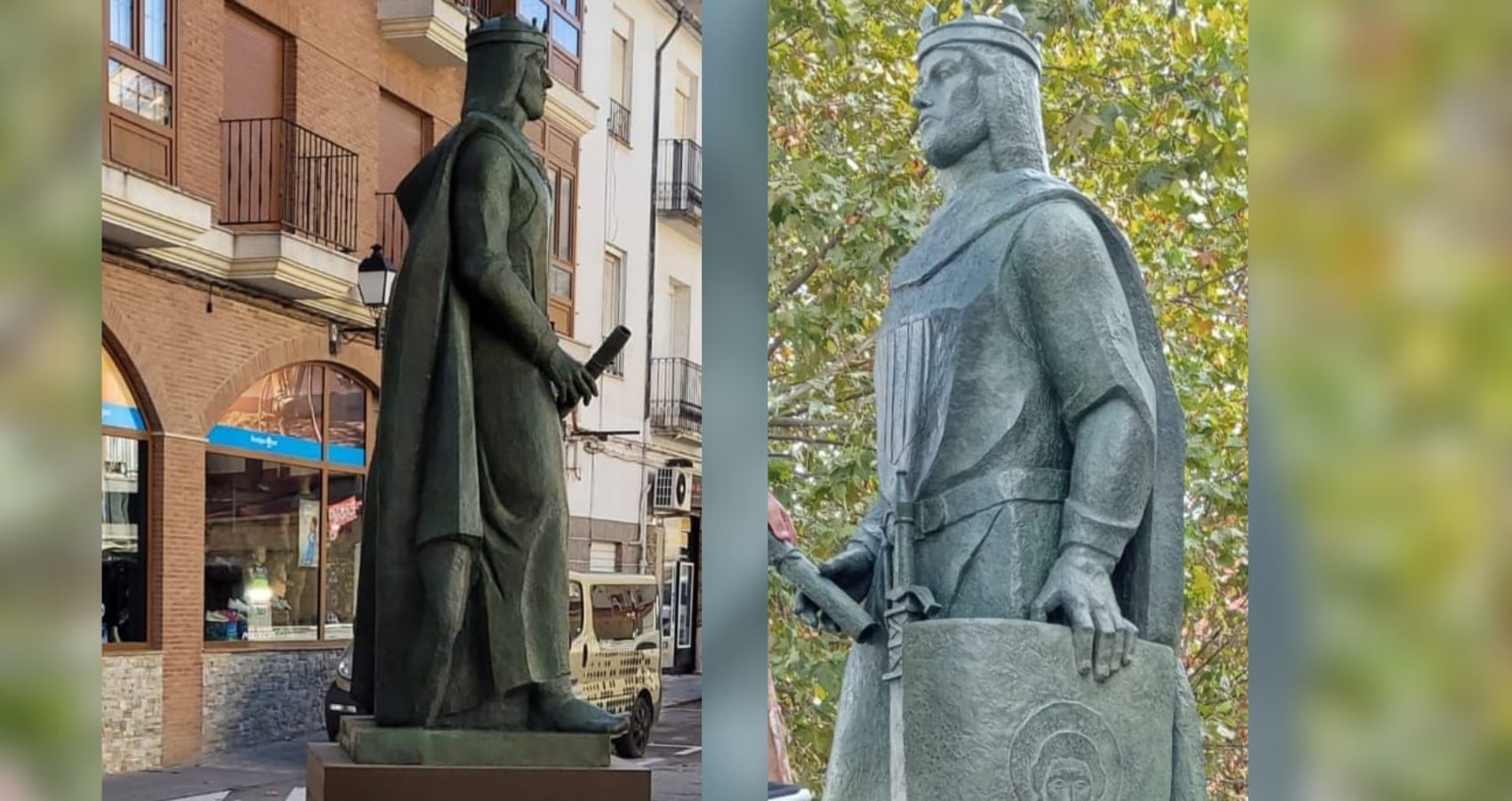 La polémica estatua de Jaume I en Banyeres de Mariola en dos imágenes. (La de la izquierda es propiedad de Agencia6)