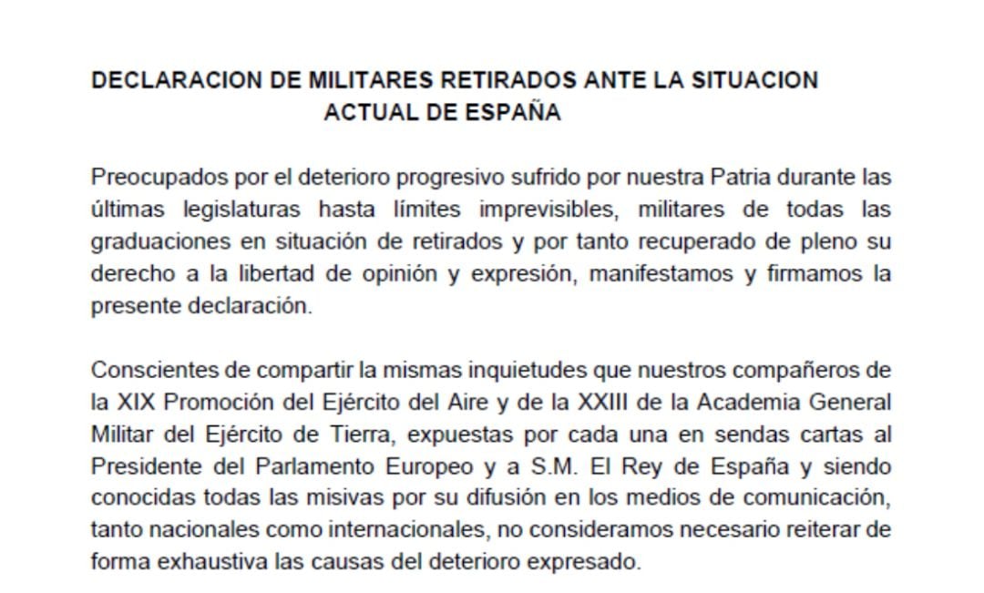 El manifiesto de exmilitares al que ha tenido acceso la SER