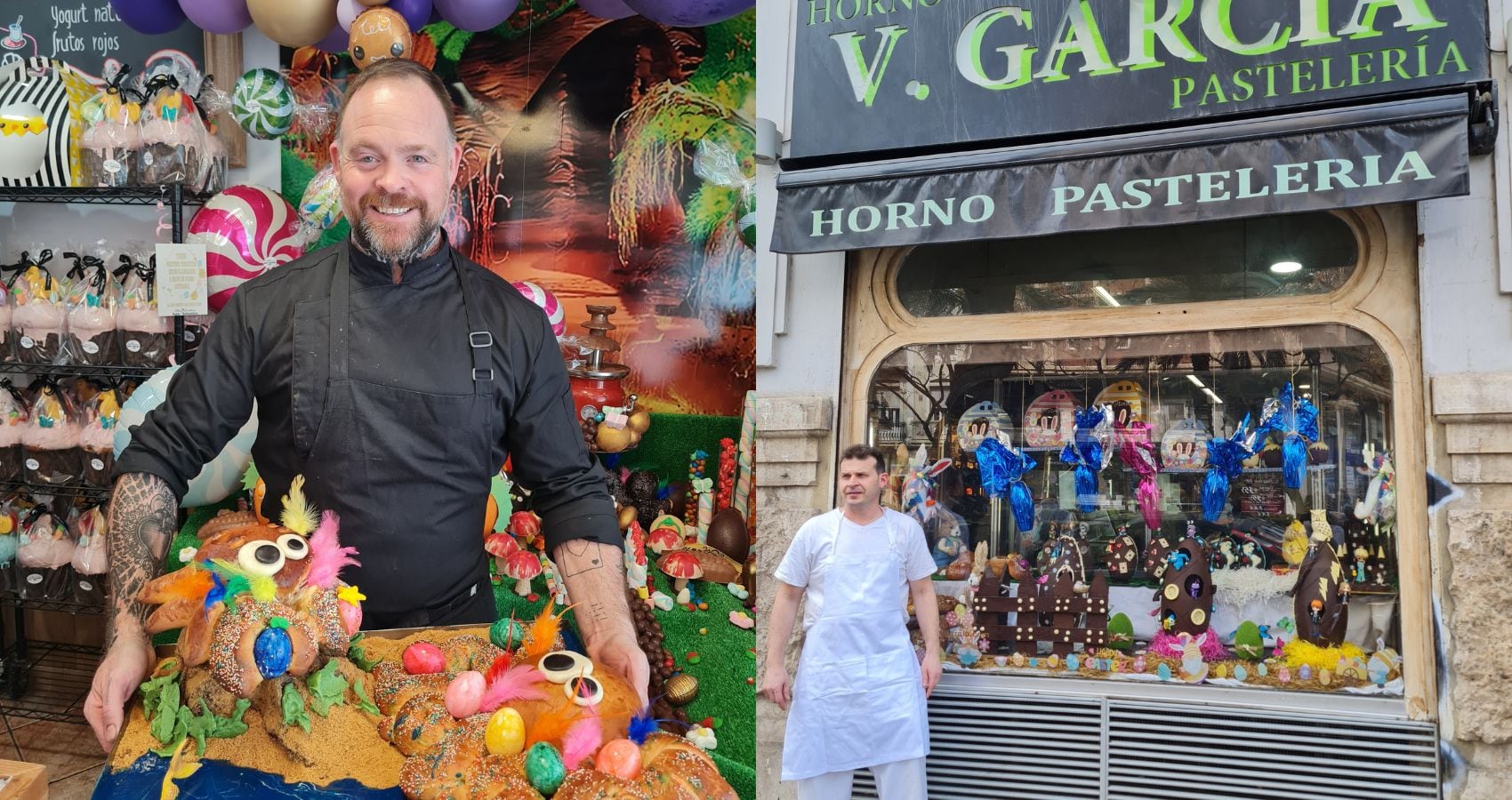 Horno San Antonio (San Antonio de Benagéber), primer puesto en ‘Mona Artística’ y Horno Vicente García Rutia (Valencia), primer premio de “Ornamentación comercial de Pascua”