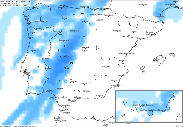 Mapa de precipitaciones para el domingo 20-D, día de elecciones generales.