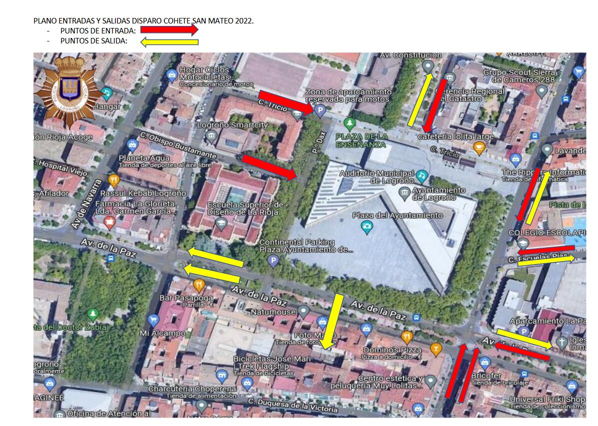 Mapas con las zonas de entrada y salida a la Plaza del Ayuntamiento para el cohete de San Mateo