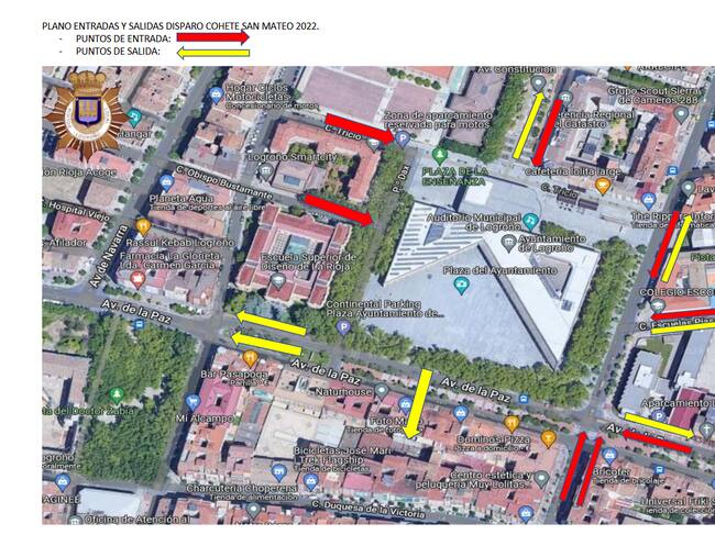 Mapas con las zonas de entrada y salida a la Plaza del Ayuntamiento para el cohete de San Mateo
