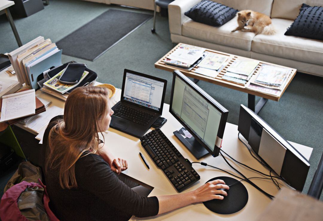 imagen de archivo. Mujer teletrabajando